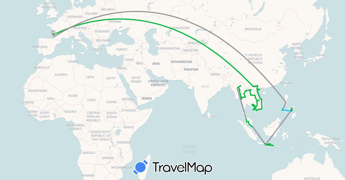 TravelMap itinerary: driving, bus, plane, boat in France, Indonesia, Cambodia, Laos, Myanmar (Burma), Malaysia, Philippines, Singapore, Thailand, Vietnam (Asia, Europe)